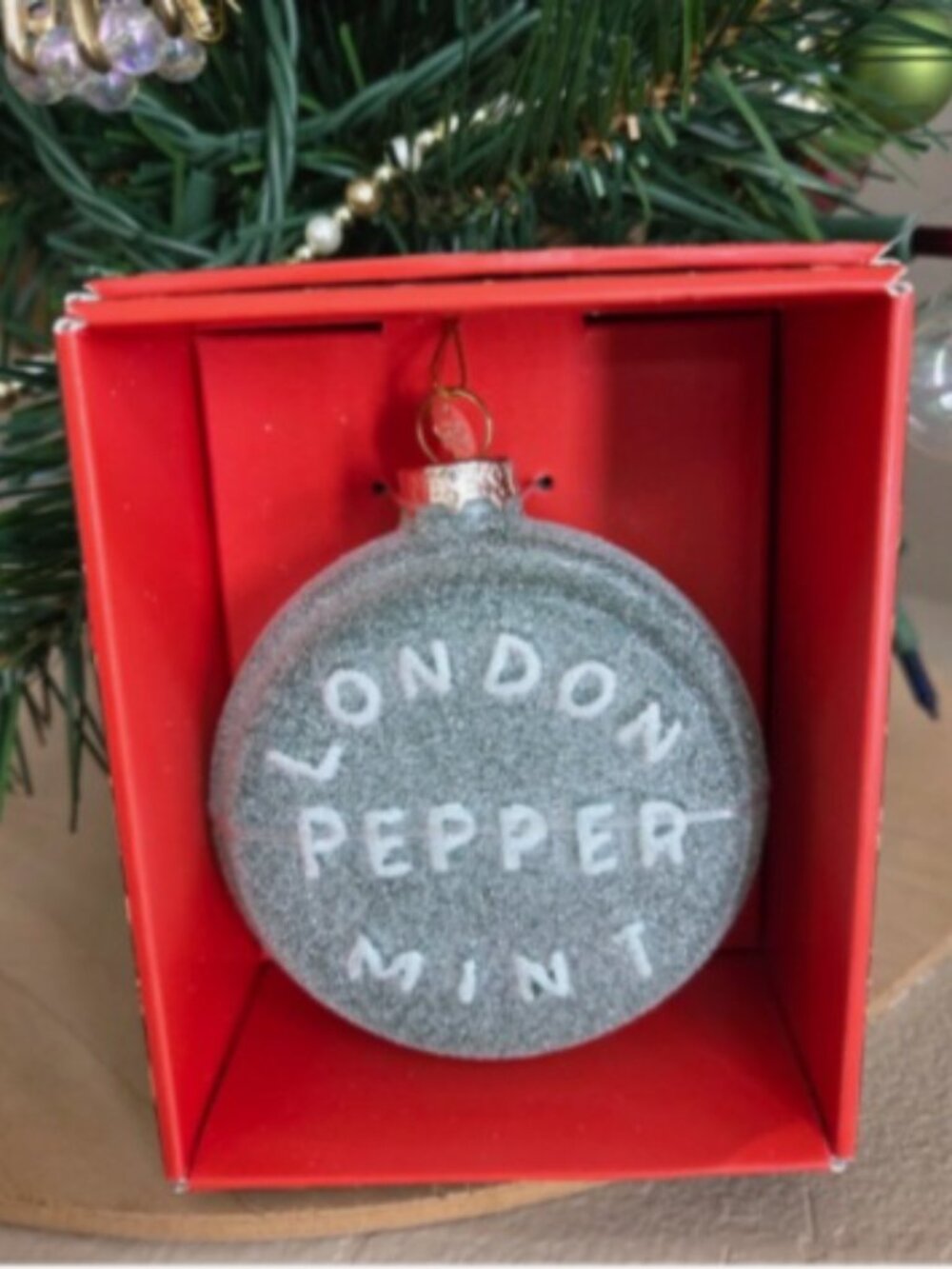 John Derian 2025 Glass London Peppermint Candy Christmas Tree Ornament Gray Box